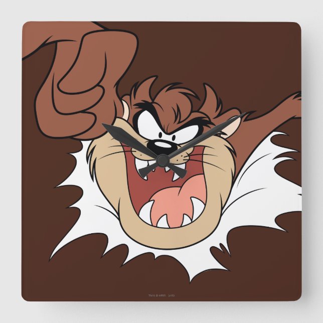 TAZ™ Burning Through Page Quadratische Wanduhr (Vorderseite)