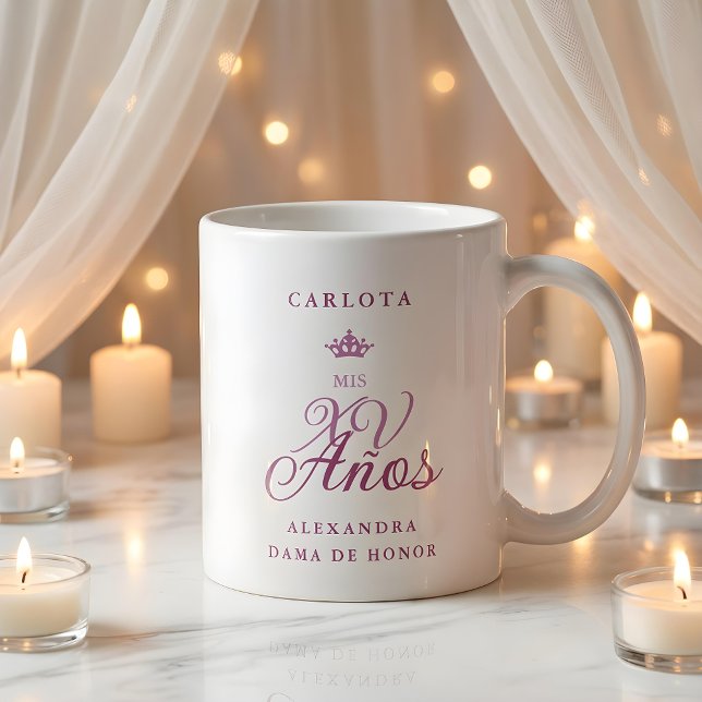Taza De Café Romántico equipo de novias en tonos r Kaffeetasse (Dama Romantic Exquisite Mis XV Spanish Calligraphy Princess Crown Coffee Mug for Court of Honor)