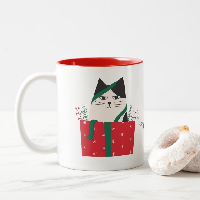 Taza Gato Merry Christmas Zweifarbige Tasse (Mit Donut)
