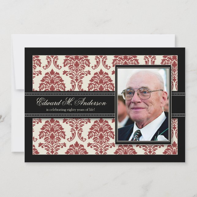 {TBA} Golden Years Damask Birthday Invite (rot) Einladung (Vorderseite)