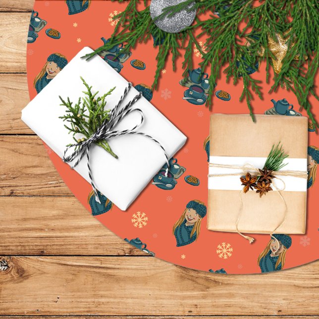 Té con galletas, chica en invierno, copos de nieve polyester weihnachtsbaumdecke (Von Creator hochgeladen)
