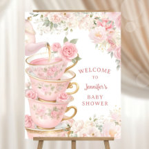 Tea Baby Shower Girl Floral Pink Gold Welcome