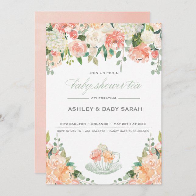 Tea Baby Shower Invasiongarten Blumen Einladung (Vorne/Hinten)