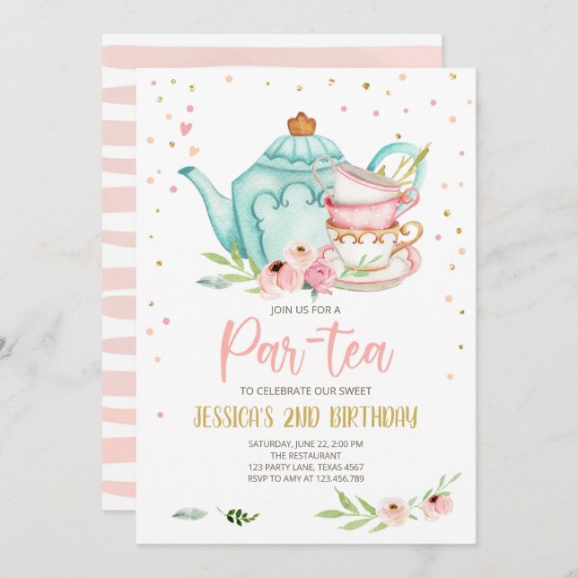 Tea Birthday Einladung Girl Party Par-tea Floral (Vorne/Hinten)