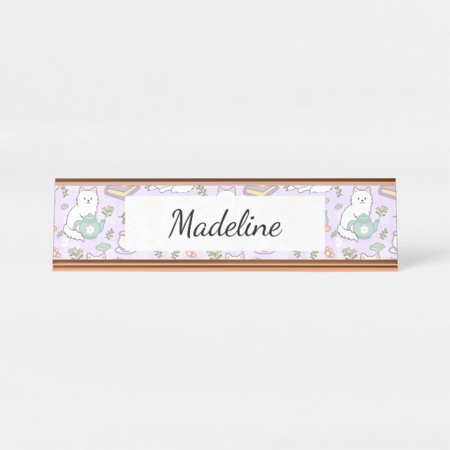 Tea & Bookish Cats Personalized Desk Name Plate Schreibtischnamensplakette (Vorderseite )