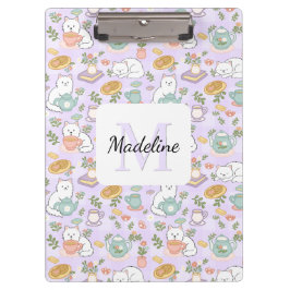 Tea & Bookish Cats Personalized Monogram Clipboard Klemmbrett