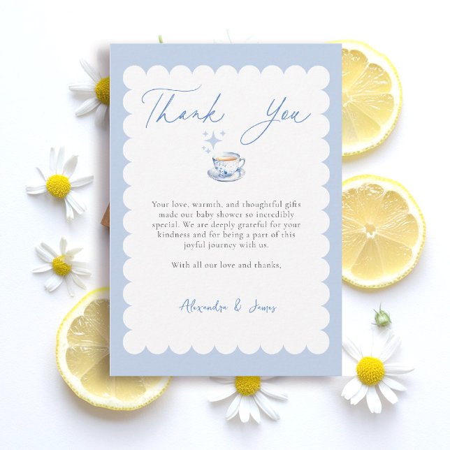 Tea Brewing Script Blue Theme Script Baby Shower Dankeskarte (boy baby shower thank you card tea brewing theme blue watercolor elegant modern stylish classy)