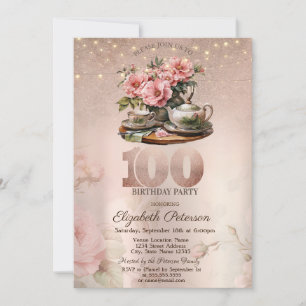 Tea Cup Blume Glitzer Rose Gold 100. Einladung