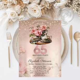 Tea Cup Blume Glitzer Rose Gold 65. Einladung