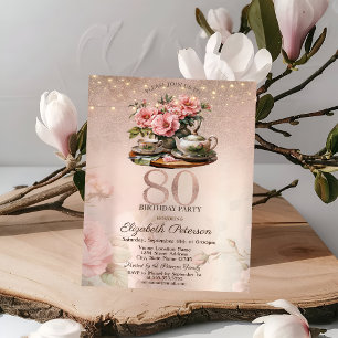 Tea Cup Blume Glitzer Rose Gold 80. Geburtstag Einladung