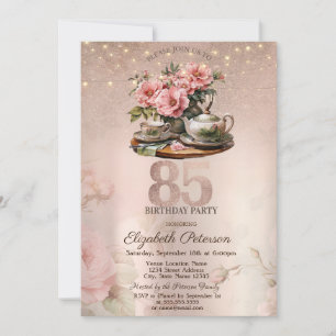 Tea Cup Blume Glitzer Rose Gold 85. Geburtstag Einladung