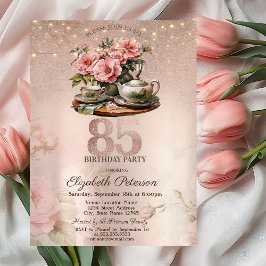 Tea Cup Blume Glitzer Rose Gold 85. Geburtstag Einladung