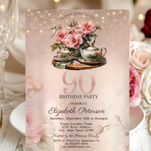 Tea Cup Blume Glitzer Rose Gold 90. Geburtstag Einladung