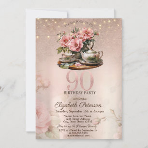 Tea Cup Blume Glitzer Rose Gold 90. Geburtstag Einladung
