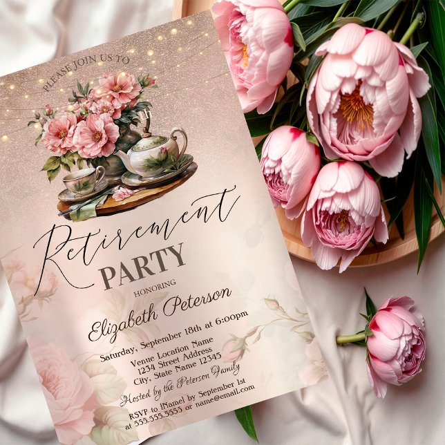 Tea Cup Blume Glitzer Rose Gold Rente Party Einladung (Von Creator hochgeladen)