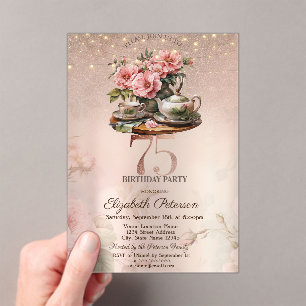 Tea Cup Blumen Glitter Rosen Gold 75. Geburtstag Acryleinladungen