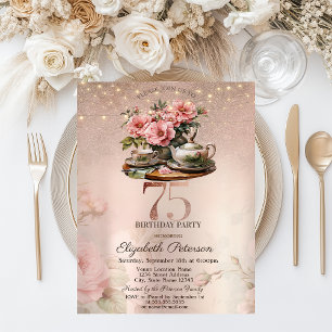 Tea Cup Blumen Glitter Rosen Gold 75. Geburtstag Einladung