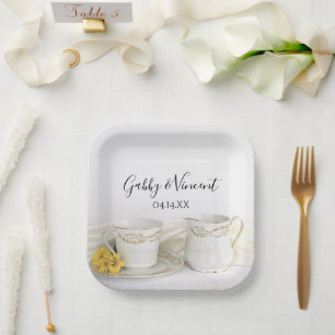 Tea Cup und Yellow Daisies Wedding Pappteller