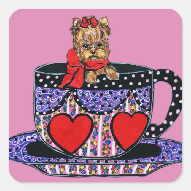Tea Cup Yorkie Quadratischer Aufkleber (Vorderseite)