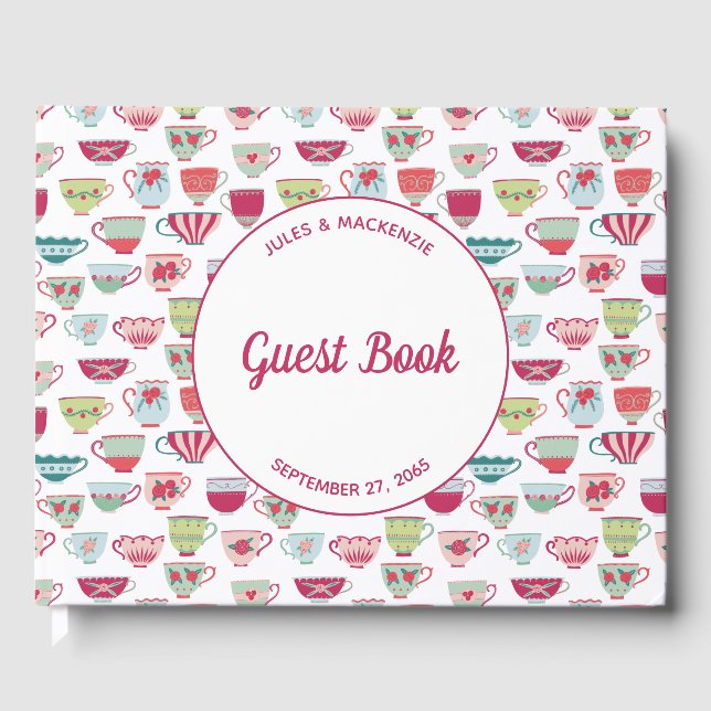Tea Cups Moderne Vintage Hochzeit Gästebuch (Vorderseite)