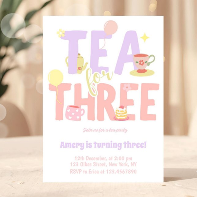 Tea For Three Birthday Pink Pastel Tea Party Einladung (tea party invitation, tea party, girly tea party, par tea invitation, whimsical tea party, garden te)