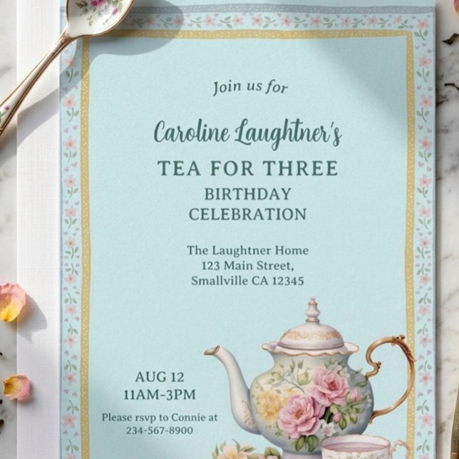 Tea For Three Blumengarten Geburtstag Einladung (Von Creator hochgeladen)
