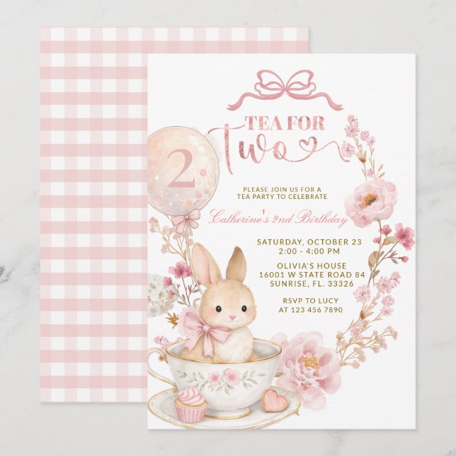 Tea for Two 2nd Birthday Bunny Spring Pink  Einladung (Vorne/Hinten)