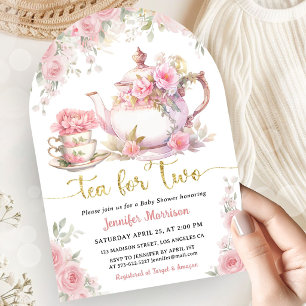 Tea for Two Baby Shower Gold Pink Floral Arch-Zere Einladung