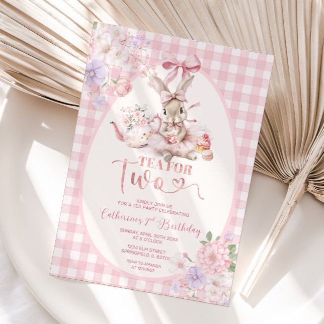 Tea For Two Easter Bunny Pink Gingham 2nd Birthday Einladung (Von Creator hochgeladen)