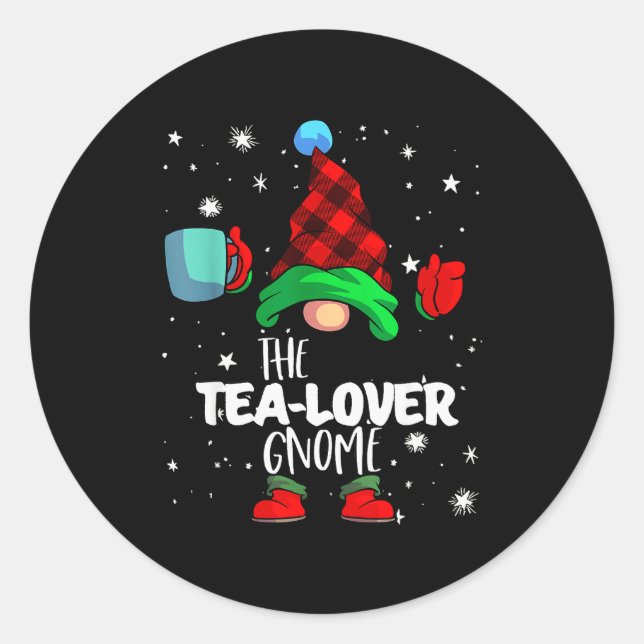 Tea Lover Gnome Red Buffalo Plaid Matching Family  Runder Aufkleber (Vorderseite)