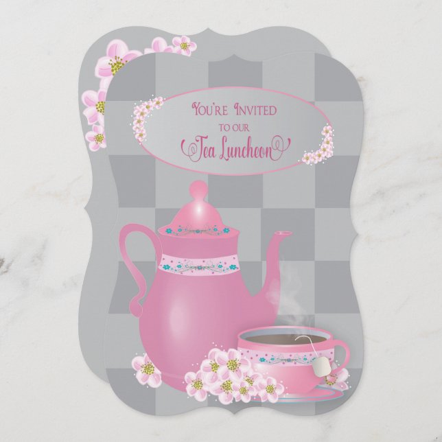 Tea Luncheon, Teapot & Teacup Ladys, Pink & Grau Einladung (Vorne/Hinten)