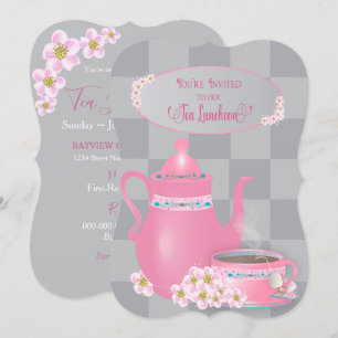 Tea Luncheon, Teapot & Teacup Ladys, Pink & Grau Einladung
