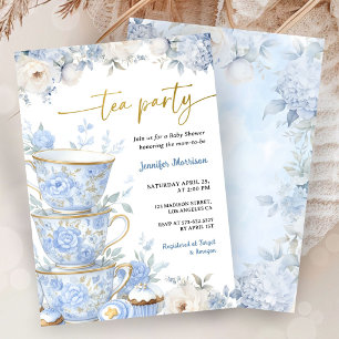Tea Party Baby Shower Junge Dusty Blue Floral Einladung