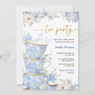 Tea Party Baby Shower Junge Dusty Blue Floral Einladung