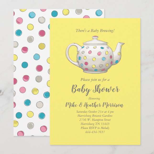 Tea Party Baby Shower Polka Dot Geschlecht neutral Einladung (Vorne/Hinten)