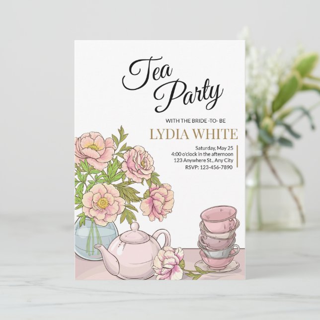 Tea Party Brautparty Bridal Teedusche Einladung (Stehend Vorderseite)