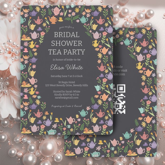 Tea Party Bridal Shower Cute CUSTOM QR Code Einladung (Tea Party Bridal Shower Cute CUSTOM QR Code Invitation
)