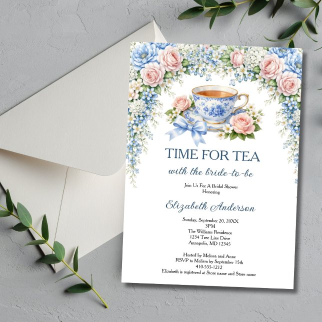 Tea Party Bridal Shower, Pink Blue Garden Florals Einladung (Time For Tea with the Bride to be. Bridal Shower Tea Party Invitation. Pink Blue Florals. )