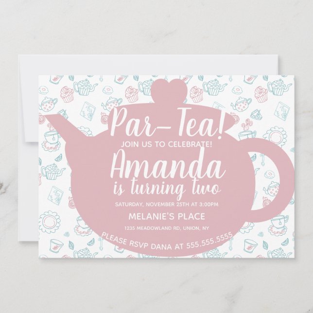 Tea Party Doodle Whimisical Einladung (Vorderseite)