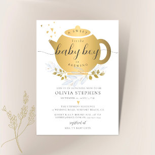 Tea Party Elegant Modern Gold Greenery Babyshower Einladung