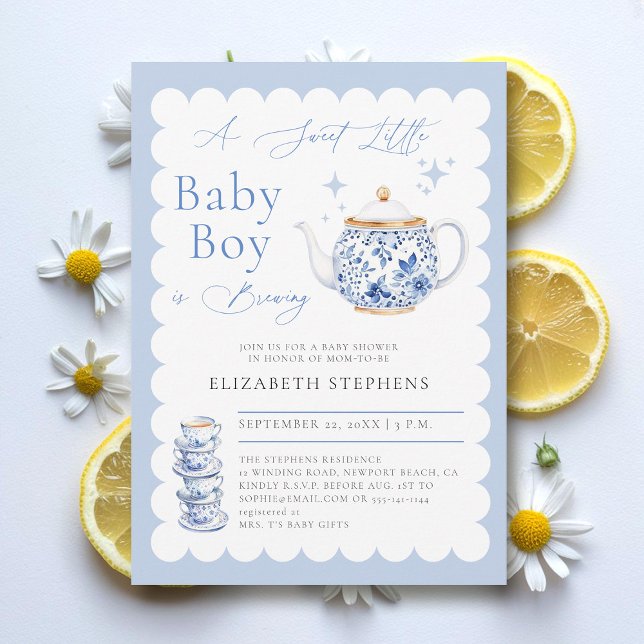Tea Party Elegant Moderne Sweet Baby Boy Dusche Einladung (boy baby tea party shower invitation elegant frame modern calligraphy sweet watercolor)