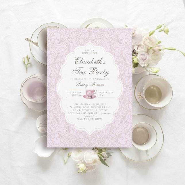 Tea Party Elegante Spitzen Lila Girl Babydusche Einladung (girl baby tea party shower invitation elegant frame modern classic lace purple pink brewing)