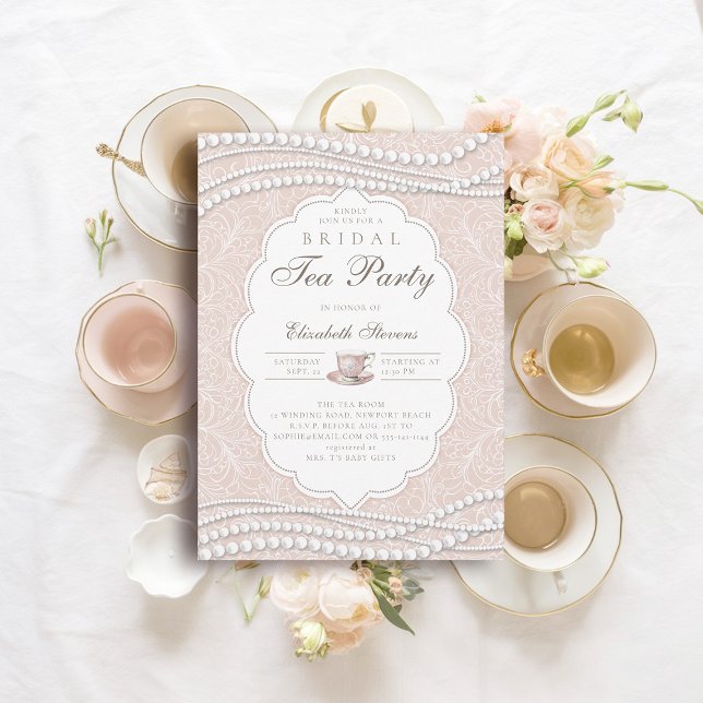 Tea Party Elegante Spitzenpearls Peach Brautparty Einladung (bridal tea shower party invitation lace pearls peach pink elegant modern classic chic)