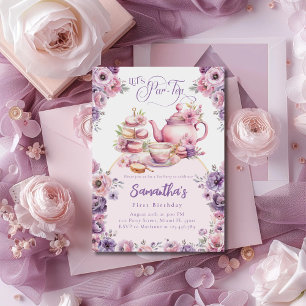 Tea Party Geburtstagsmädchen Rosa Lila Floral Par- Einladung