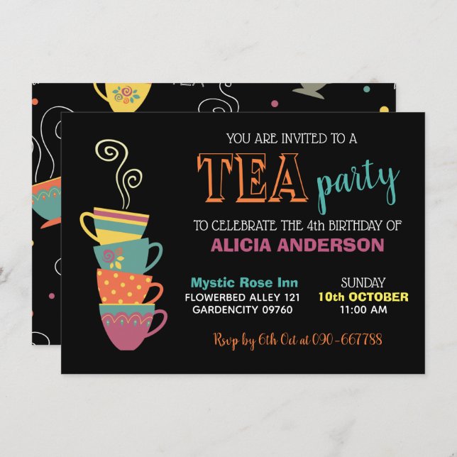 Tea Party Girl's Birthday Hot Cups farbenfroh Einladung (Vorne/Hinten)
