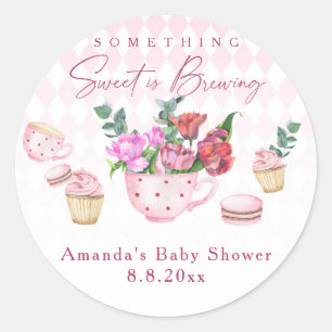 Tea Party Something Sweet is Brewing Baby Shower Runder Aufkleber
