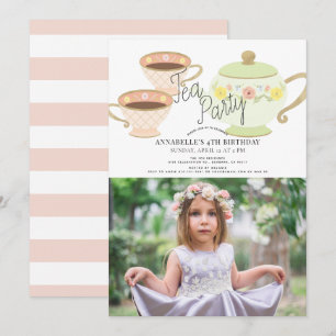 Tea Party Tea Pot & Cups Girl Birthday Foto Einladung