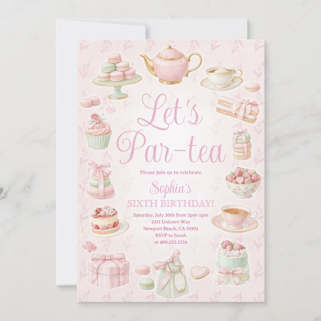 Tea Party Teapot Teacup Pink Party Invitation Einladung (Vorderseite)