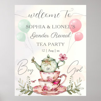 Tea Party Watercolor Teapot Gender Reveal Poster