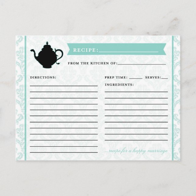 Tea Pot Bridal Kitchen Dusche Rezeptkarte Postkarte (Vorderseite)